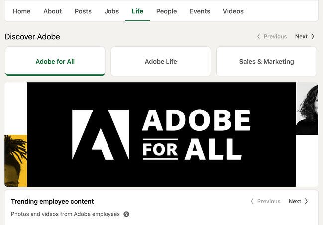Рекомендации по использованию страницы LinkedIn: пример страницы Adobe Life