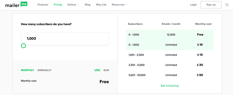 MailerLite 定價計劃