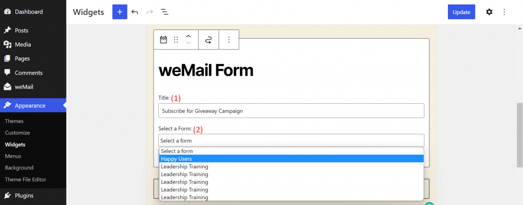 Wybierz formularz i dodaj do sekcji stopki WordPress