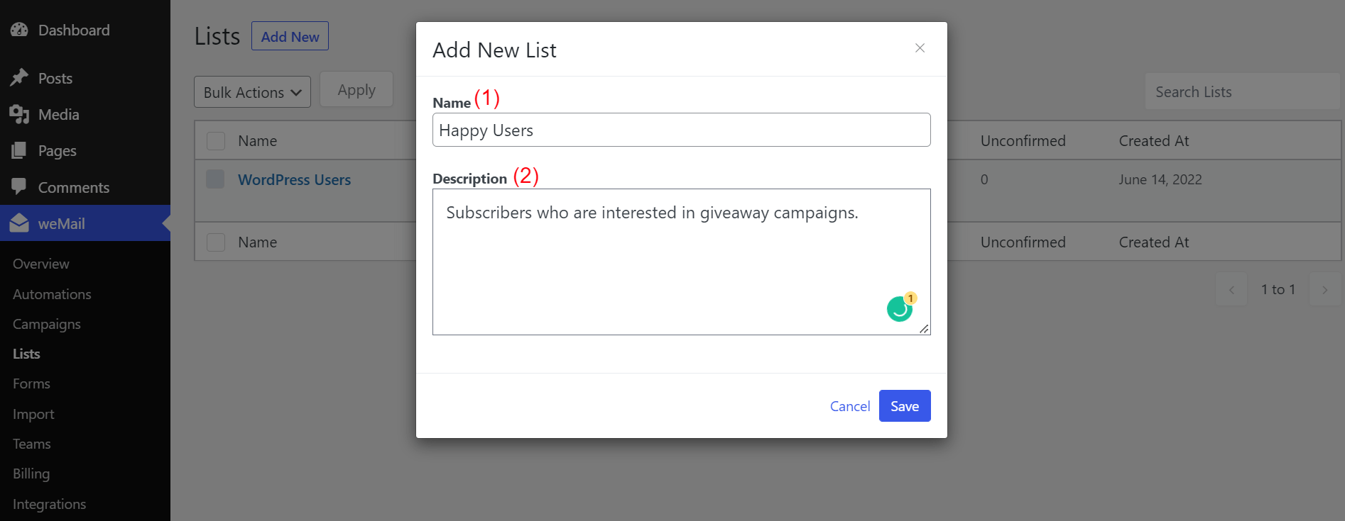 Nazwij swoją listę e-mail w mailu