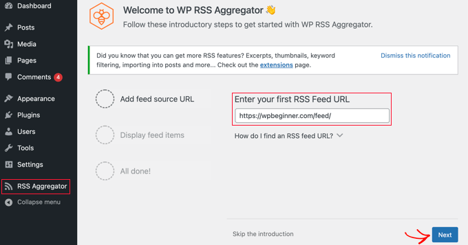 Введите URL-адрес фида в настройки WP RSS Aggregator. Enter the Feed URL into WP RSS Aggregator's Settings