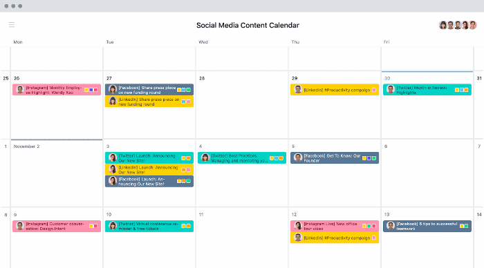 Ejemplo de un calendario de contenido de redes sociales de Asana Example of a social media content calendar from Asana