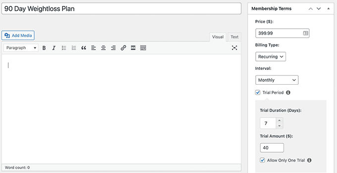 Creazione di piani di abbonamento per l'abbonamento a una palestra Creating subscription plans for gym membership
