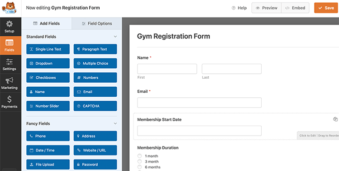 Modulo di iscrizione alla palestra Gym registration form