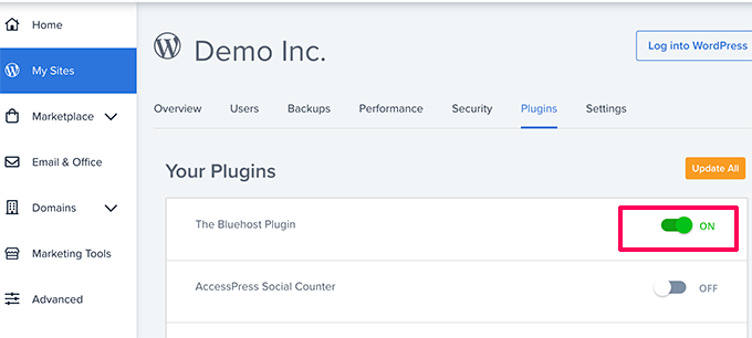 Aktivieren Sie das Bluehost-Plugin