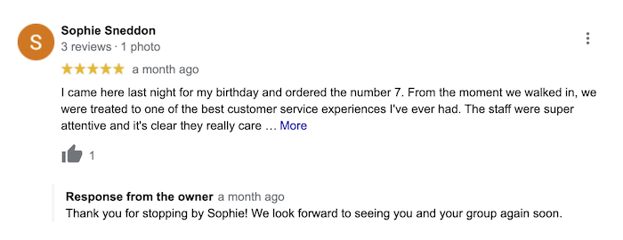 Google Reviews for Business – Tipps zum Reagieren auf positive Google-Bewertungen example of business responding to positive Google review by thanking them