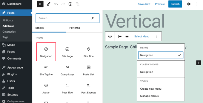 Aggiungi il blocco di navigazione al tuo post o alla tua pagina Add the Navigation Block to Your Post or Page
