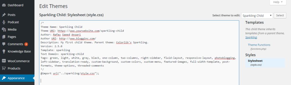 Vaya a Apariencia > Editor y agregue el código CSS directamente desde allí.