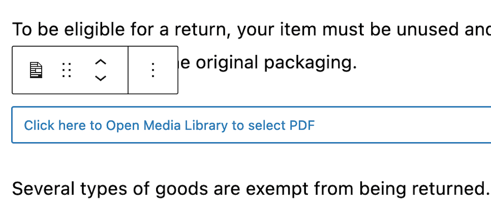 O botão para fazer upload de um arquivo PDF para o WordPress.