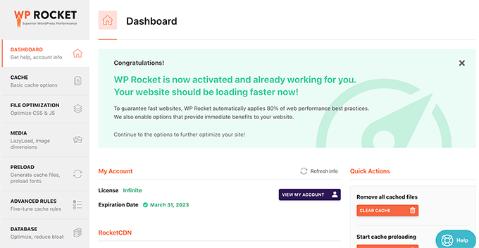 Tableau de bord WP Rocket WP Rocket dashboard