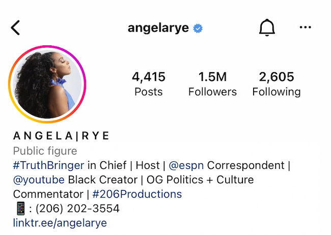Short professional bio example of Angela Rye on Instagram