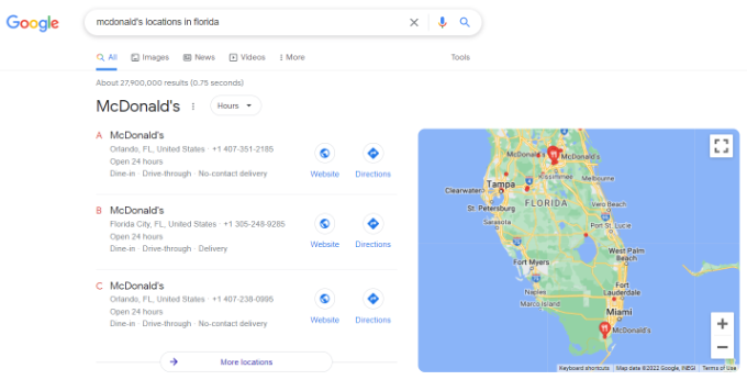 Google 上的多个位置地图预览 Multiple location map preview on Google