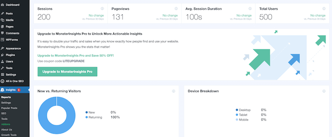 MonsterInsights分析ダッシュボード The MonsterInsights analytics dashboard
