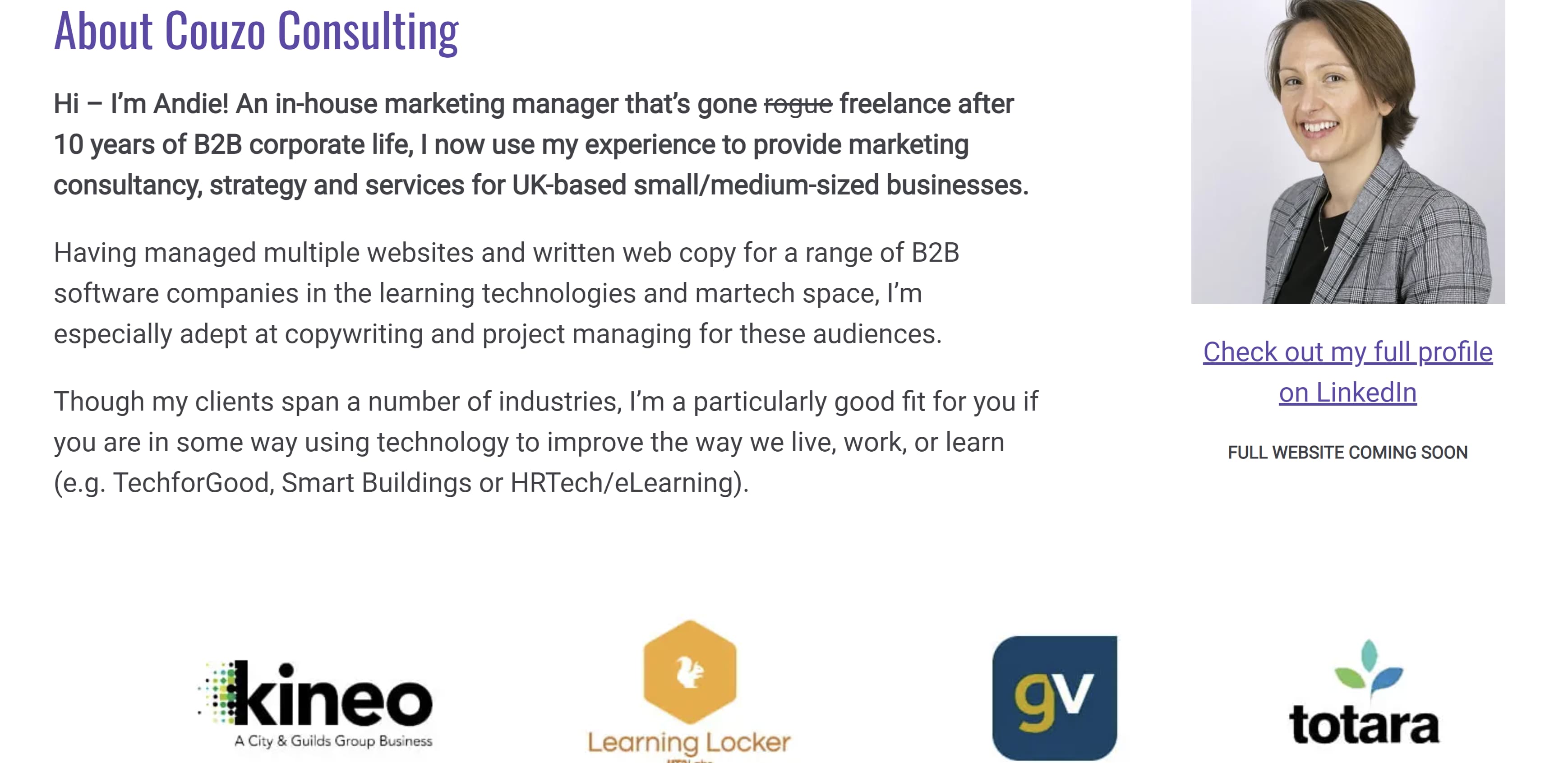 مثال على محفظة Copywriting بواسطة Andie Coupland