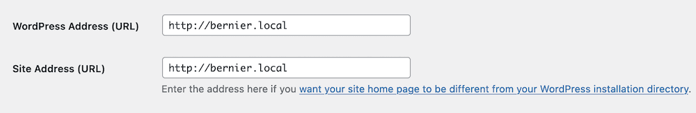 Los campos para la dirección URL de WordPress y la dirección URL del sitio.