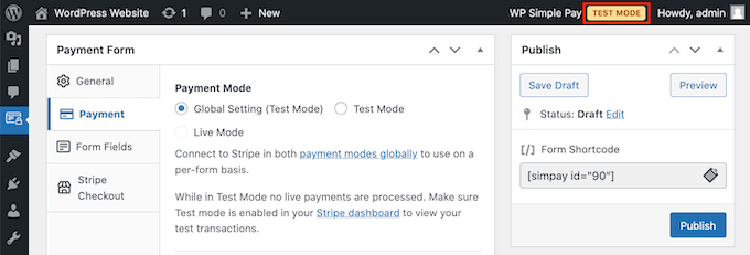WP Simple Pay'in test modu