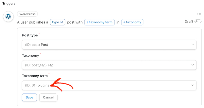 Alegerea unei etichete în Uncanny Automator Choosing a tag in Uncanny Automator