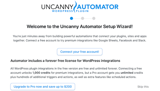 Expertul de configurare Uncanny Automator The Uncanny Automator setup wizard
