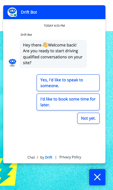 더 많은 리드를 생성하는 방법 - 드리프트와 같은 챗봇 사용 A text conversation started by a chat bot about driving conversation on its website.
