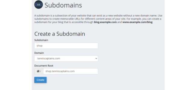 O imagine a backend-ului Hostgator, prezentând pagina de creare a subdomeniului.