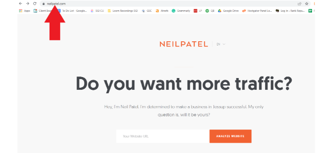 O imagine a site-ului web al lui Neil Patel, cu o săgeată care indică domeniul de nivel al doilea al adresei URL.