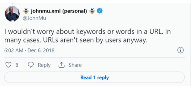 Un tweet de la John Mu despre utilizarea cuvintelor cheie în adrese URL.