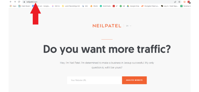O imagine a site-ului web al lui Neil Patel, cu o săgeată care indică domeniul de nivel superior al adresei URL.