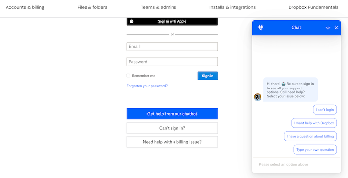 Como melhorar a experiência do cliente e aumentar a receita - Melhore seu atendimento ao cliente com chatbots como o Dropbox An image of a chatbot from Dropbox.