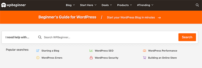 Pesquisa na página inicial do WPBeginner WPBeginner homepage search