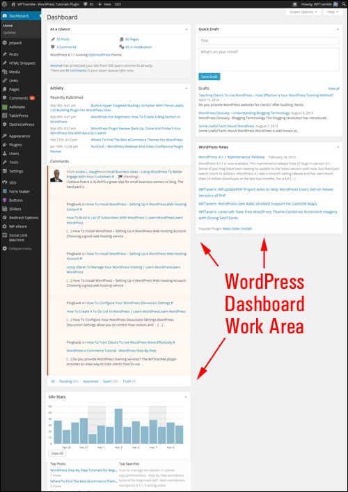 Zone de travail du tableau de bord WordPress.