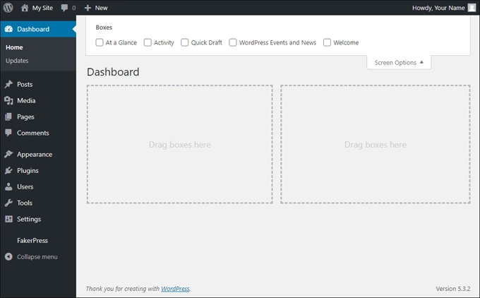 Tableau de bord WordPress avec tous les panneaux d'informations masqués.