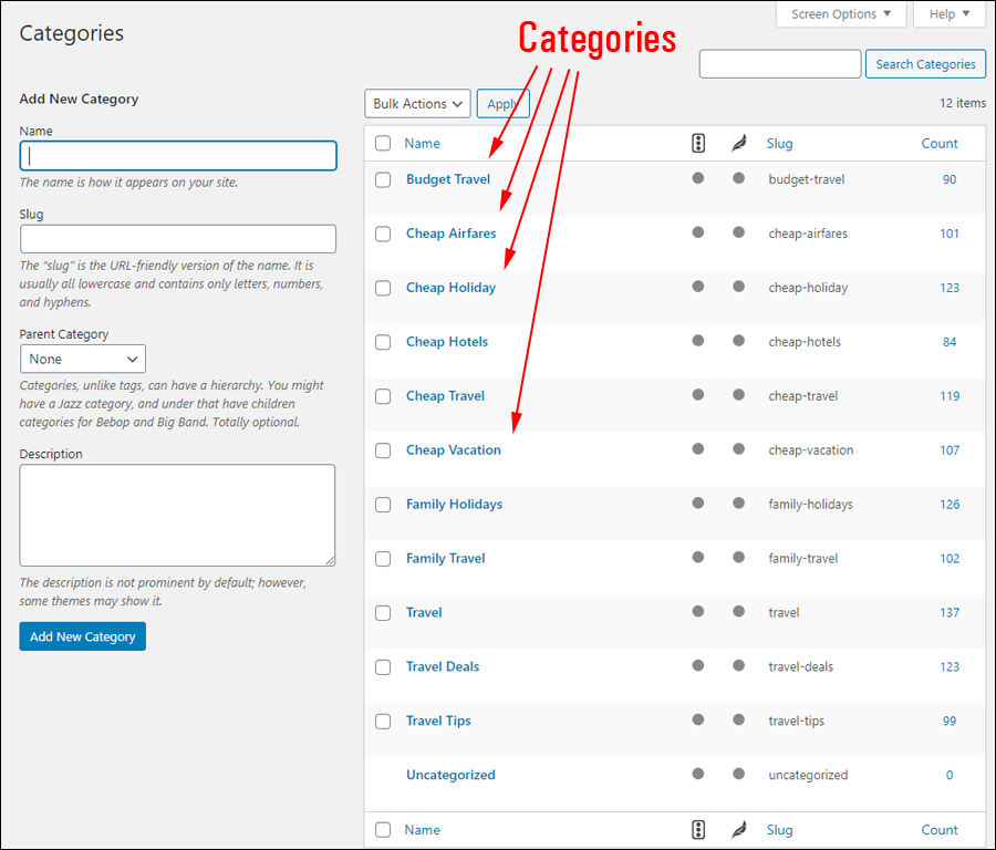 Écran des catégories de publication WordPress.