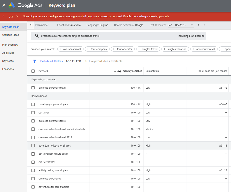 Planificateur de mots clés Google Ads