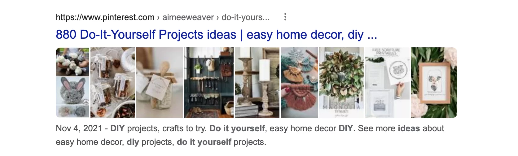 Pinterest belegt Platz 3 in den Google-Suchergebnissen, wenn Sie „Ideen zum Selbermachen“ eingeben.