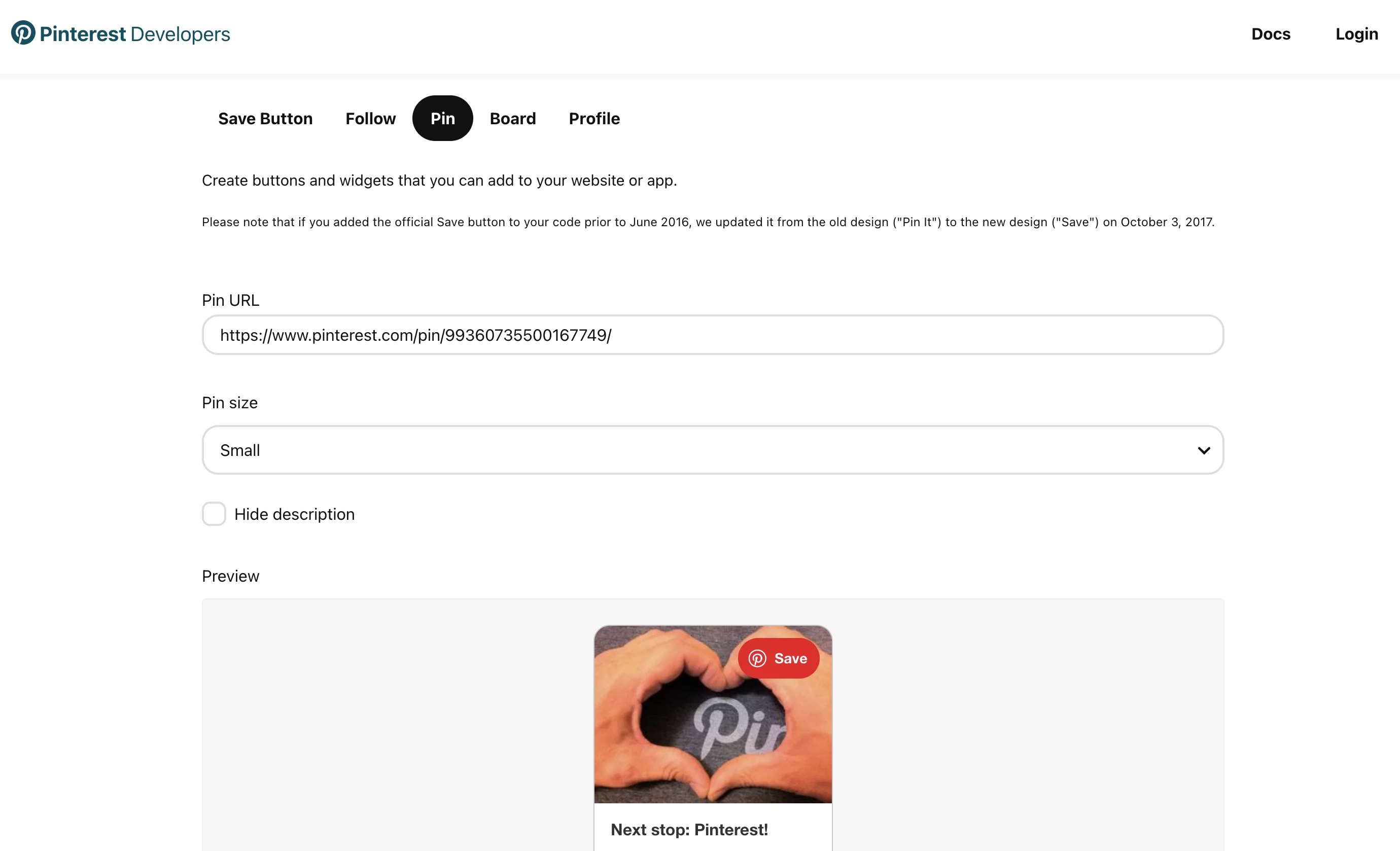 Pin-URL auf dem Pinterest Developers Dashboard.