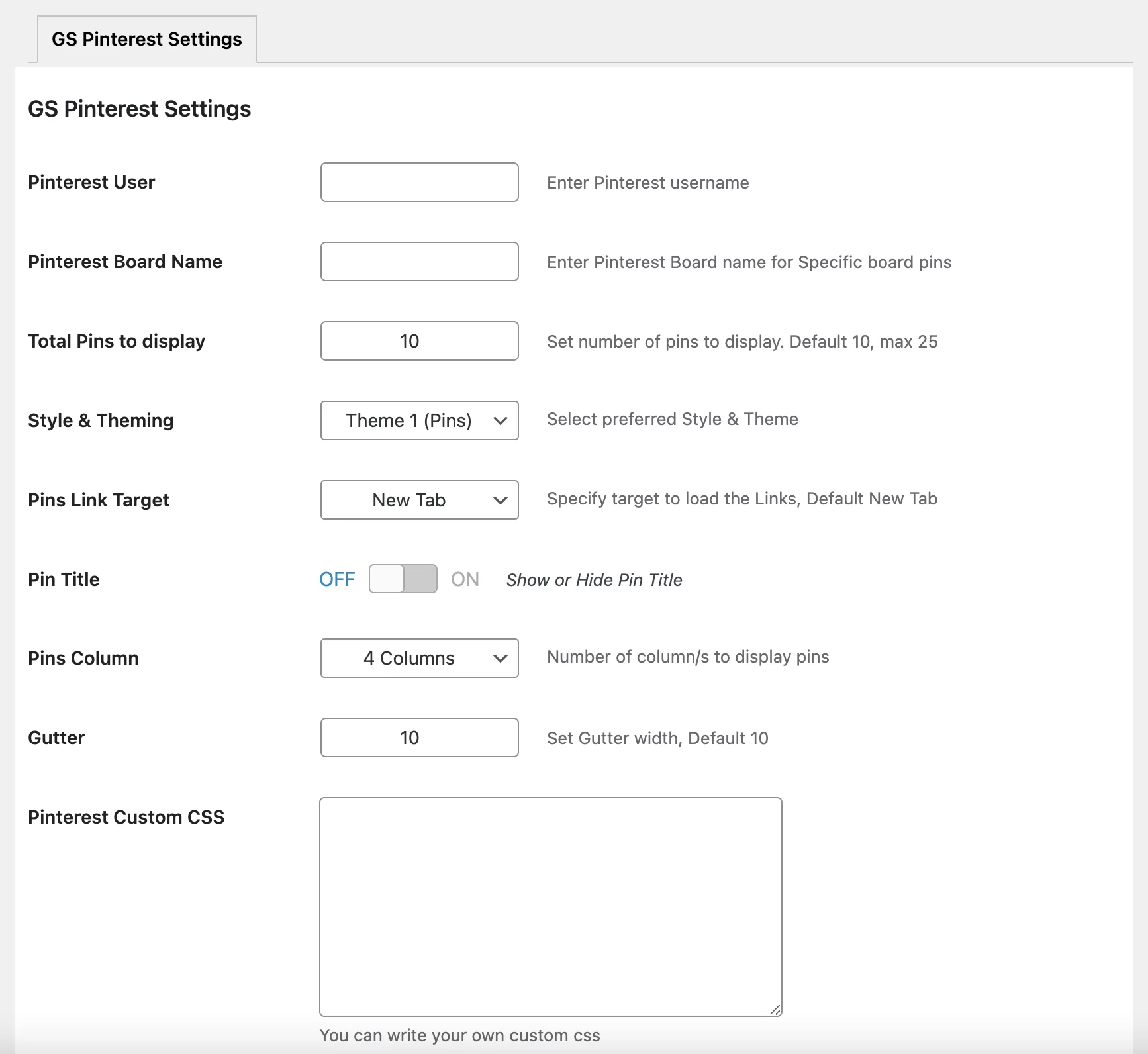Einstellungen des Plugins GS Pins for Pinterest.