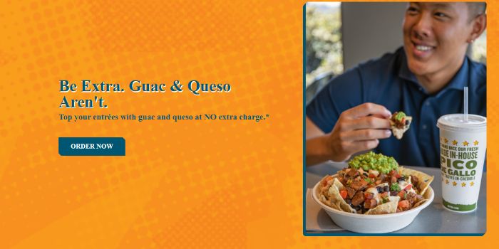 Una pubblicità di Qdoba che mostra un uomo che mangia cibo.