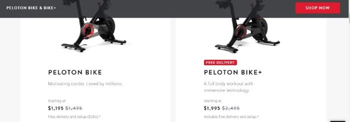 Un annuncio di Peloton che mostra due diverse cyclette.