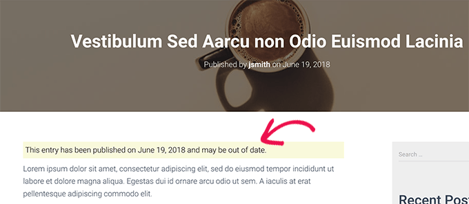 Vecchia notifica di post visualizzata su un articolo Old post notification displayed on an article