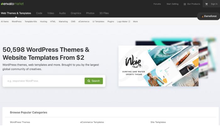 หน้าแรกของตลาด Envato / Theme Forest สำหรับวิธีสร้างเว็บไซต์ WordPress