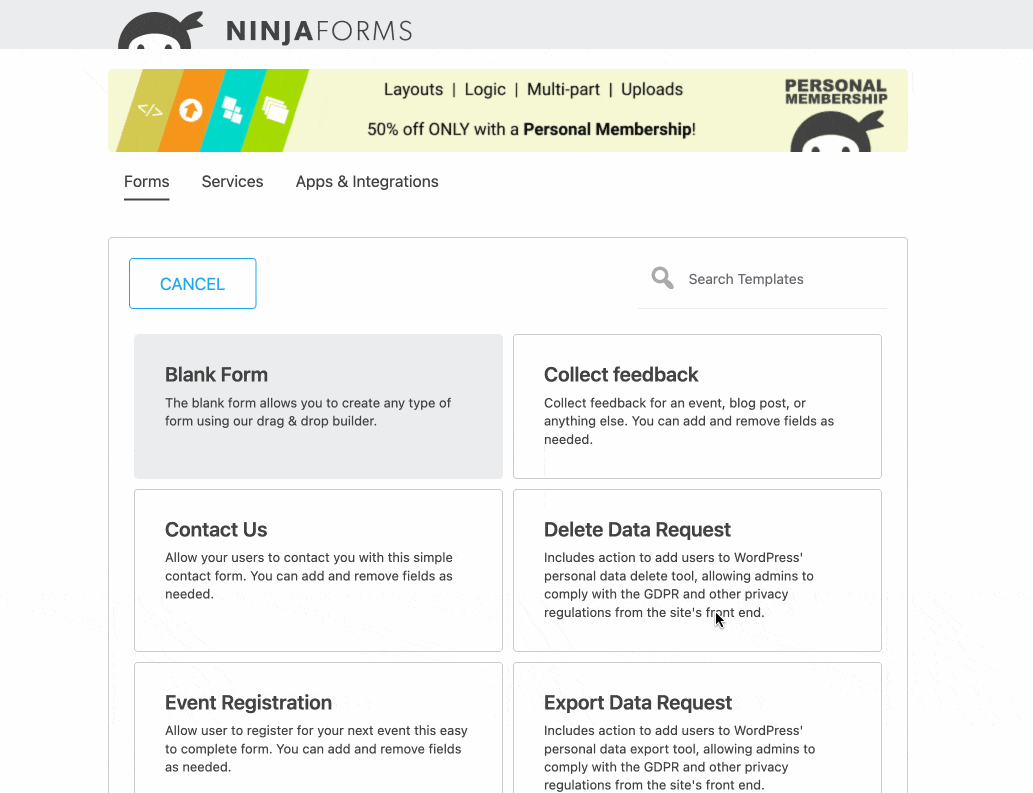 Onglets Ninja Forms pour accéder aux modèles de formulaires et aux services.