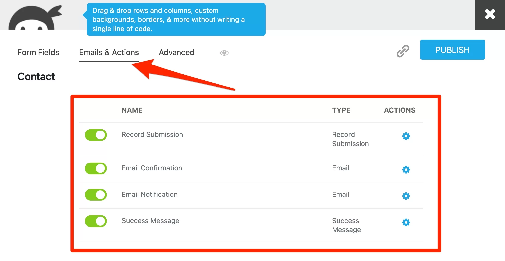 Champs d'e-mails et d'actions dans les formulaires Ninja.