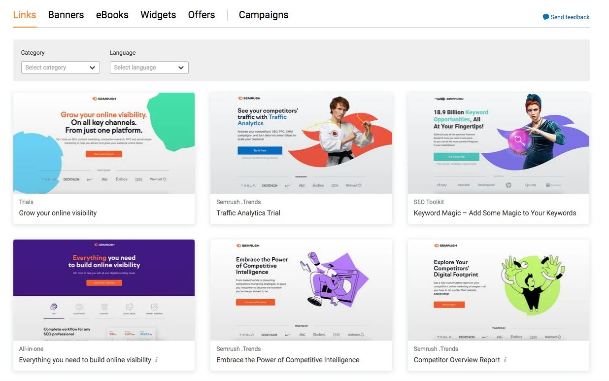 通过 WordPress 网站获利的 10 大最佳联盟计划 4 Semrush’s marketing platform affiliate program - BeRush