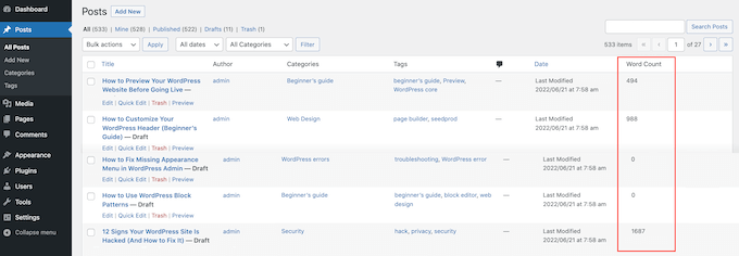 Hinzufügen einer Wortanzahl zum WordPress-Dashboard Adding a word count to the WordPress dashboard