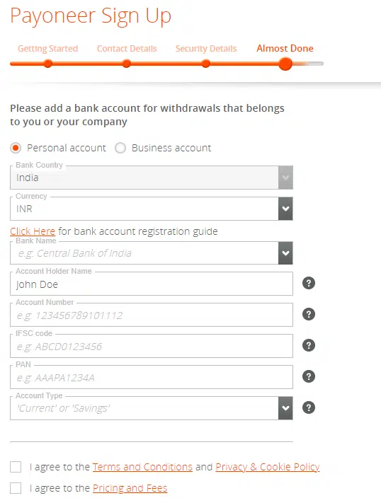Enviar informações da conta Payoneer