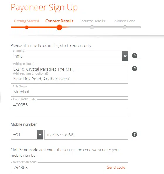Detalhes de contato do Payoneer