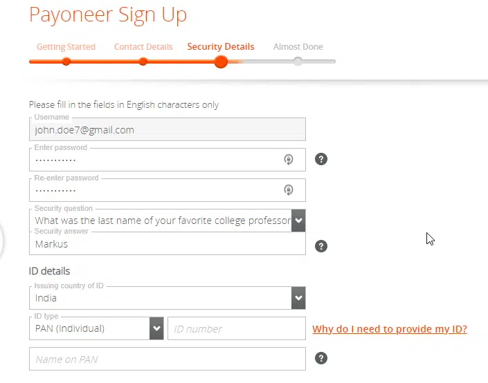 Detalhes de segurança do Payoneer