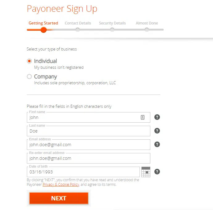 Primeiros passos do Payoneer