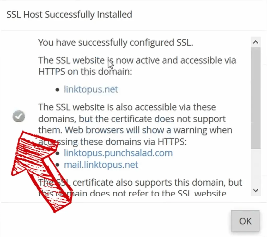 ช่องทำเครื่องหมายสีเขียวถัดจากใบรับรอง SSL