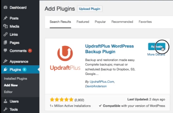 Aktywuj wtyczkę updraftplus